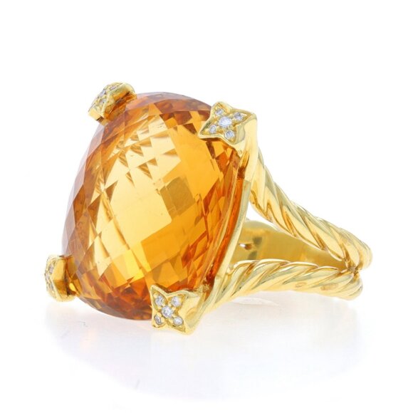 David Yurman Cushion On Point Citrine Diamond Ring Yellow Gold 18k .12ctw - Picture 3 of 6